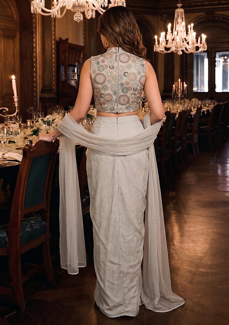 Steel Grey Embroidered Georgette Fusion Set - Indya