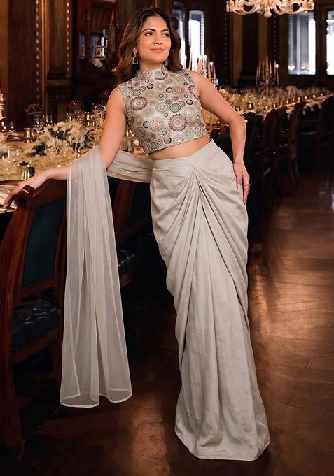 Steel Grey Embroidered Georgette Fusion Set