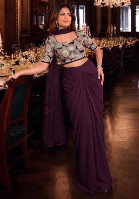 Wine Embroidered Georgette Fusion Set