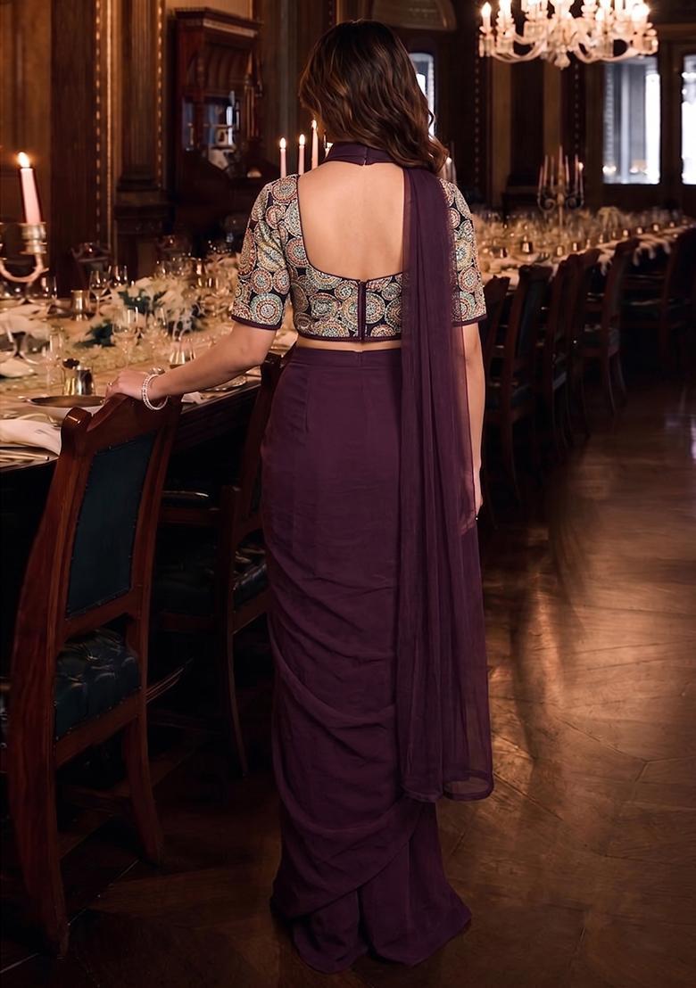 Wine Embroidered Georgette Fusion Set - Indya