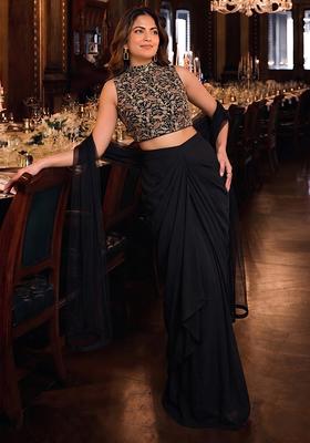 Charcoal Black Embroidered Georgette Fusion Set