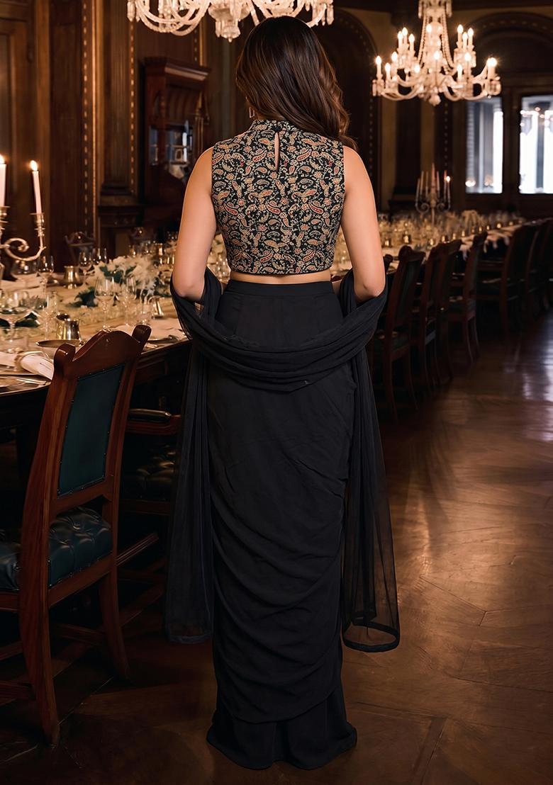 Charcoal Black Embroidered Georgette Fusion Set - Indya