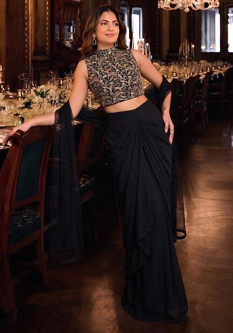 Charcoal Black Embroidered Georgette Fusion Set
