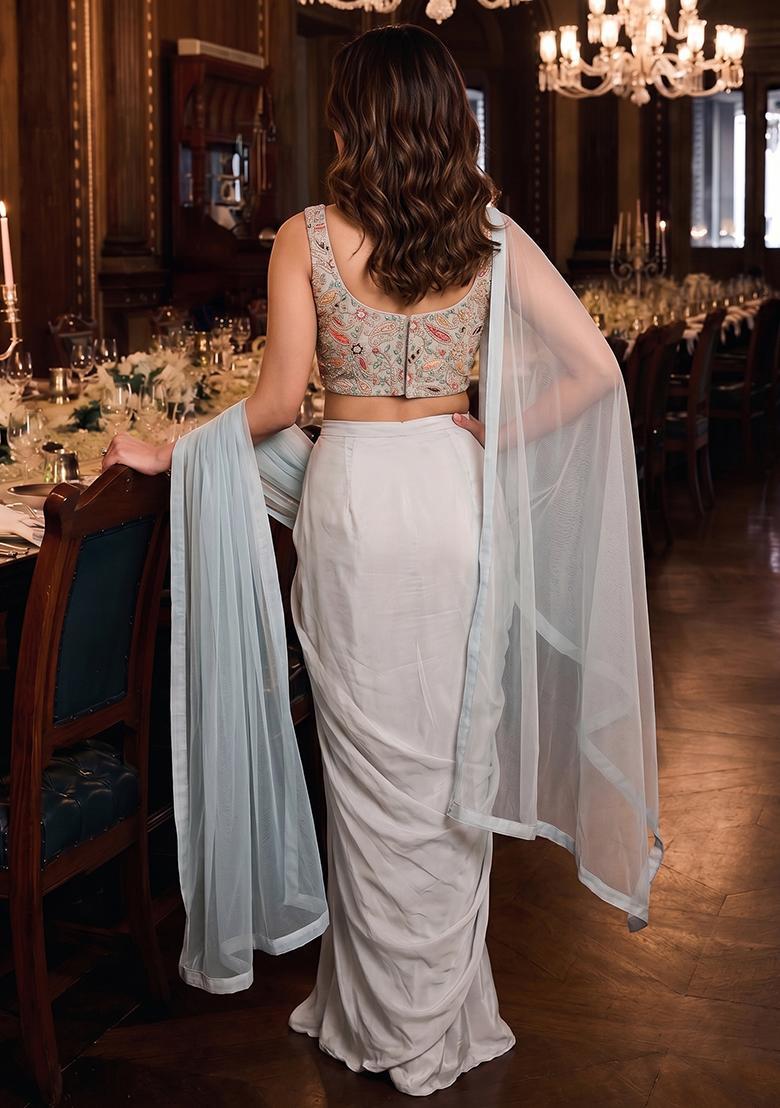 Silver Grey Embroidered Georgette Fusion Set - Indya