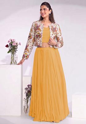 Mustard Embroidered Crepe Fusion Set