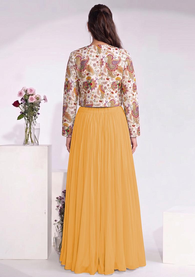 Mustard Embroidered Crepe Fusion Set - Indya