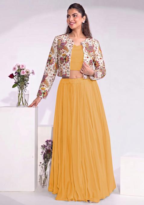 Mustard Embroidered Crepe Fusion Set