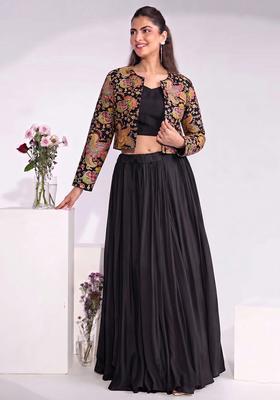 Black Embroidered Crepe Fusion Set