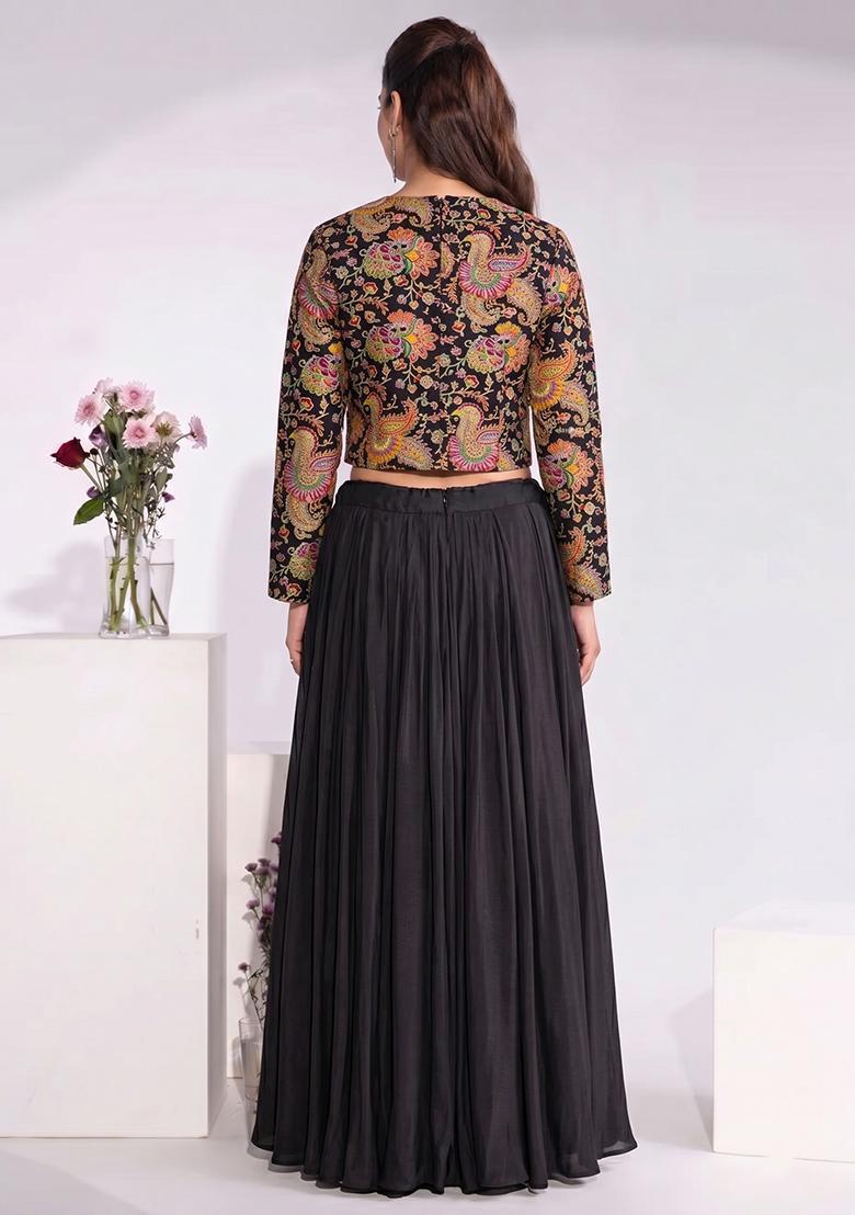Black Embroidered Crepe Fusion Set - Indya