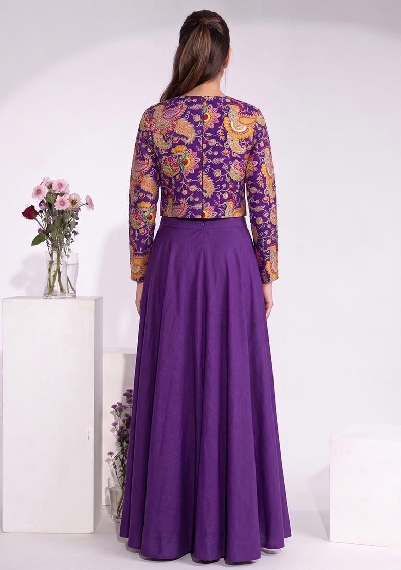 Violet Embroidered Crepe Fusion Set - Indya