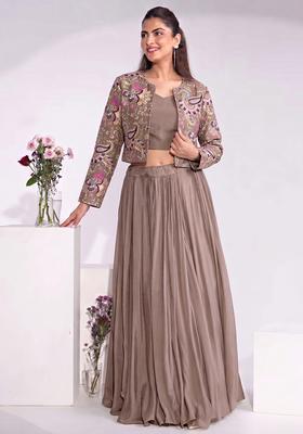 Taupe Embroidered Crepe Fusion Set