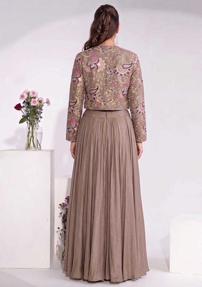Taupe Embroidered Crepe Fusion Set - Indya
