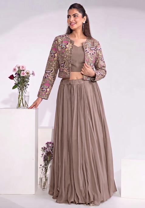 Taupe Embroidered Crepe Fusion Set