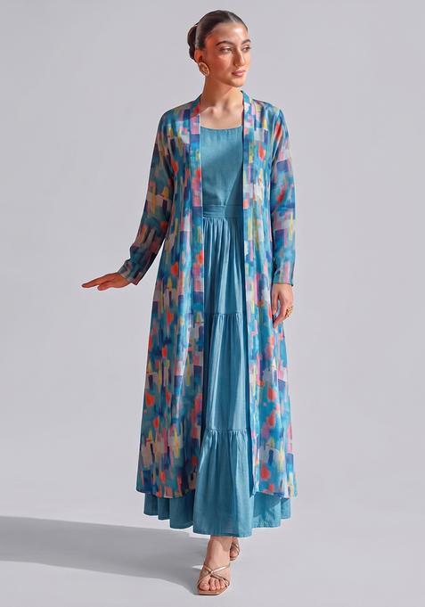Sky Blue Silk Blend Abstract Print Fusion Set
