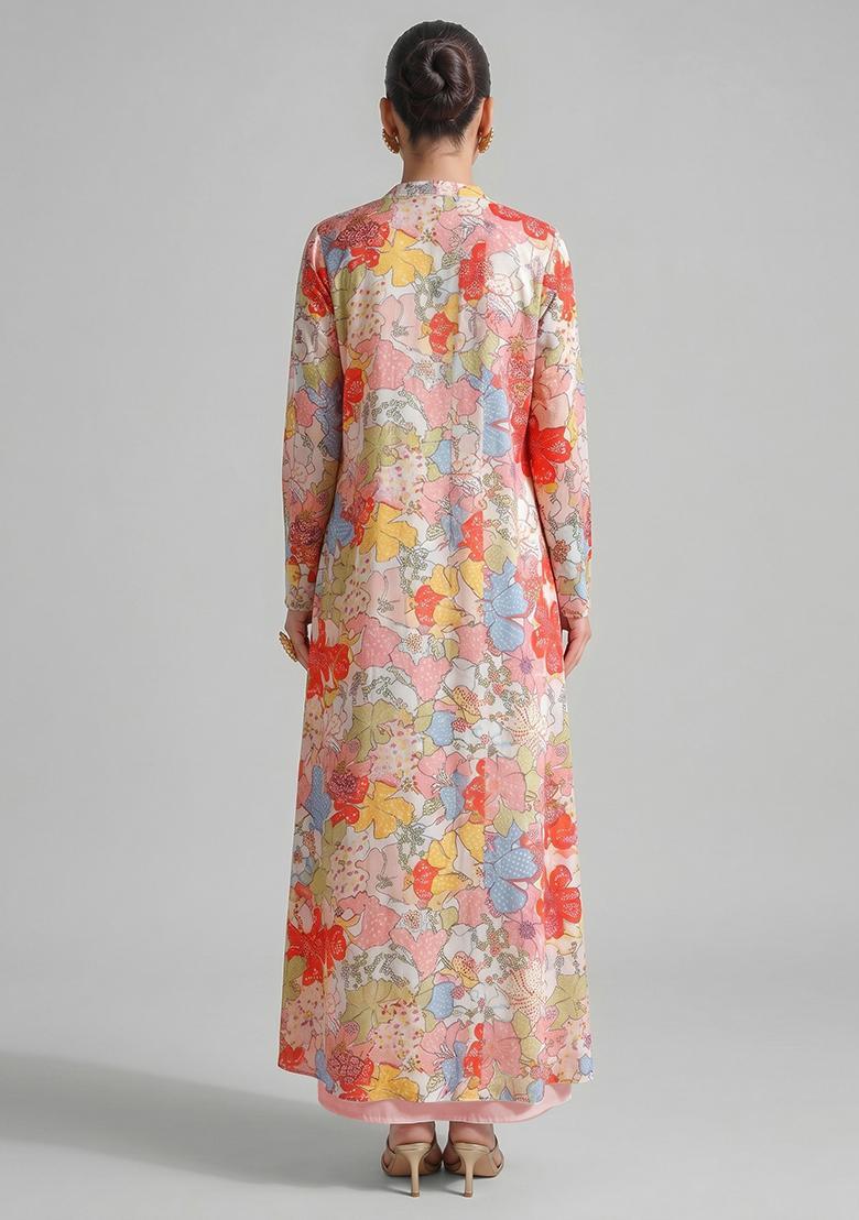 White Printed Georgette Fusion Set - Indya