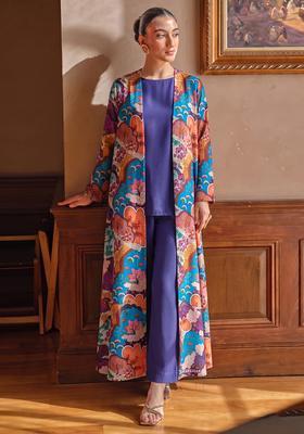 Lavender Blue Printed Georgette Fusion Set