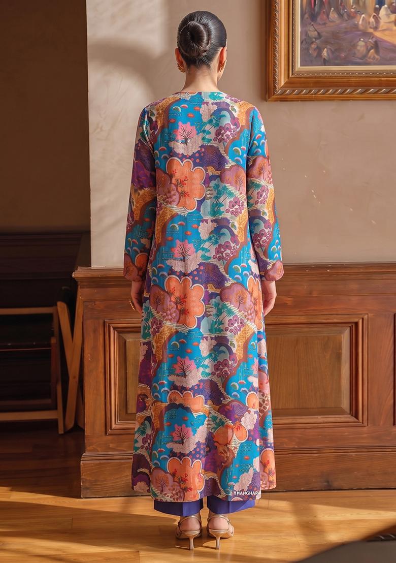 Lavender Blue Printed Georgette Fusion Set - Indya