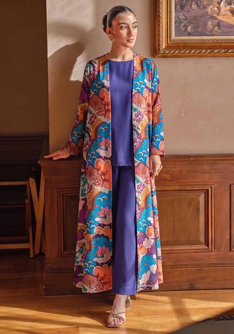 Lavender Blue Silk Blend Abstract Print Fusion Set