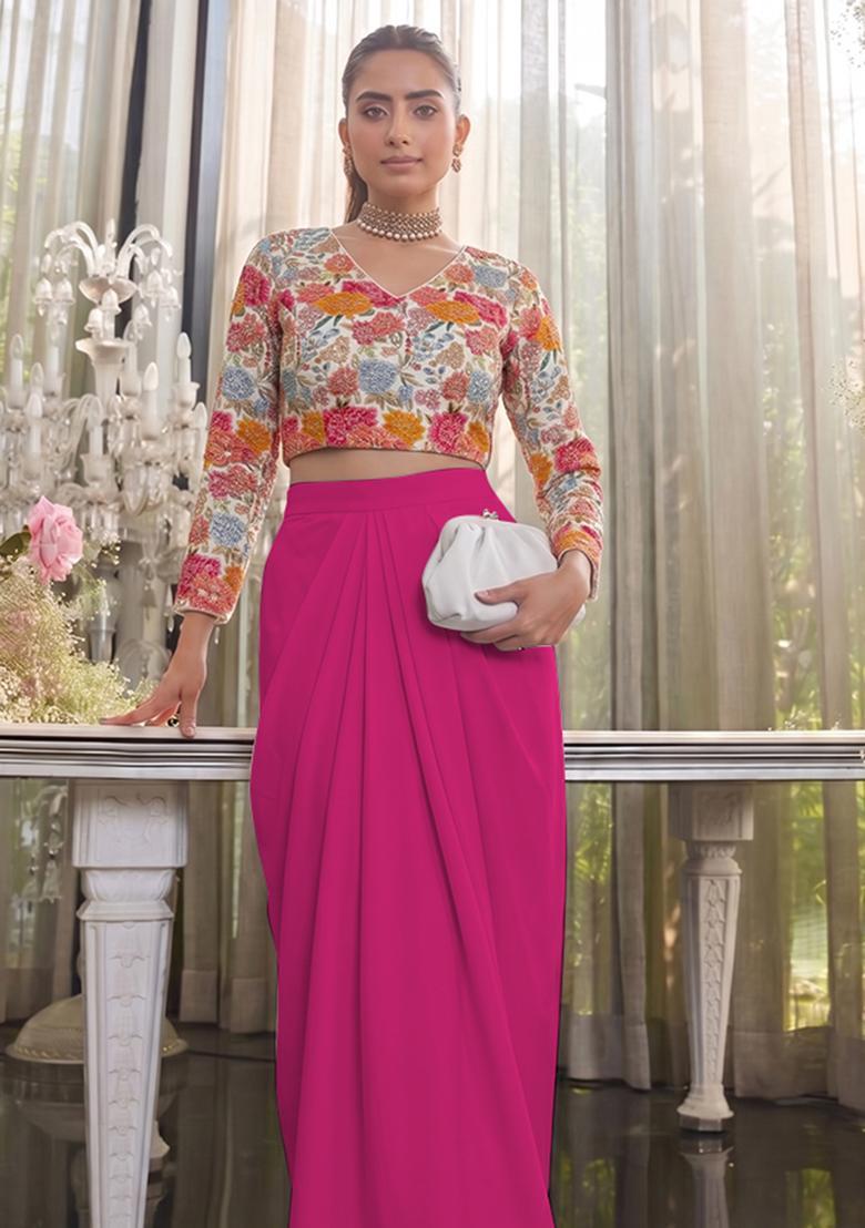 Rani Pink Printed Crepe Fusion Set - Indya