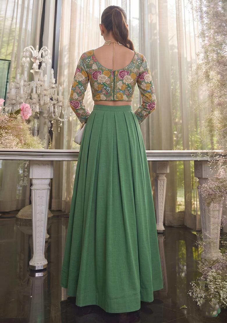 Sage Green Printed Crepe Fusion Set - Indya