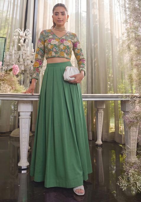 Sage Green Printed Crepe Fusion Set