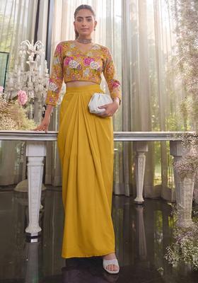 Mustard Printed Crepe Fusion Set