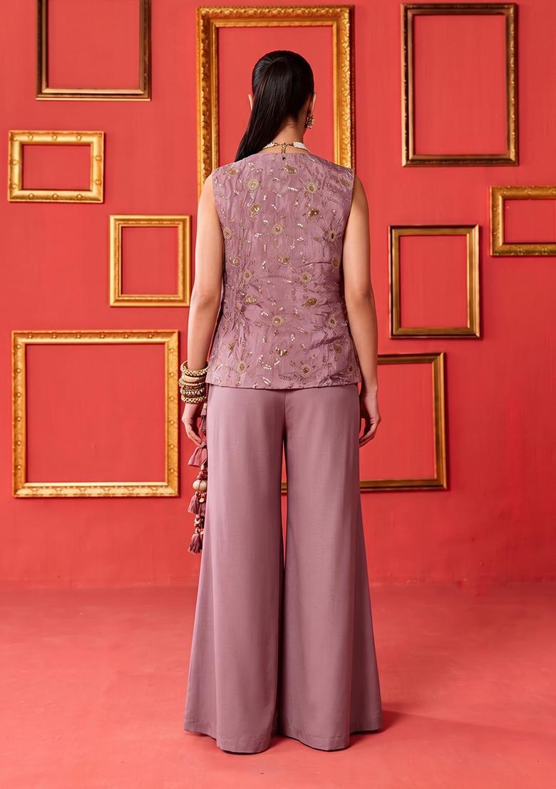 Onion Pink Embroidered Tissue Fusion Set - Indya