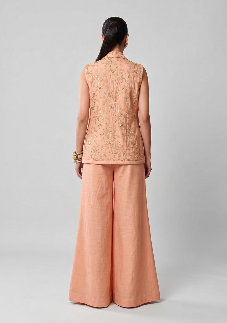 Soft Peach Embroidered Tissue Fusion Set - Indya