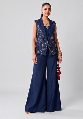 Navy Blue Embroidered Tissue Fusion Set