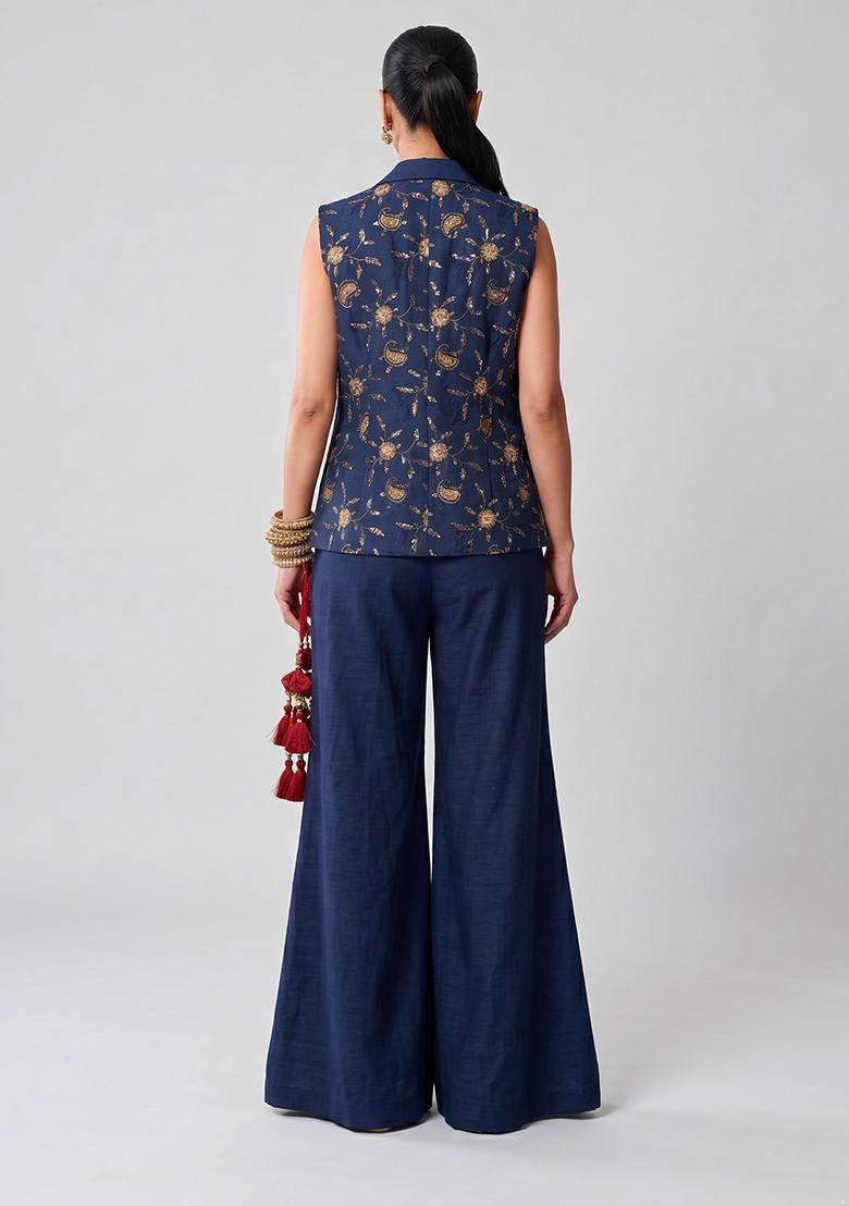 Navy Blue Embroidered Tissue Fusion Set - Indya