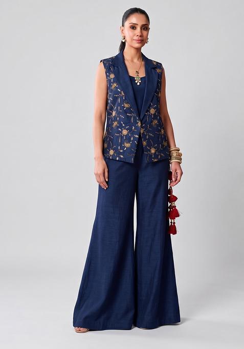 Navy Blue Embroidered Tissue Fusion Set