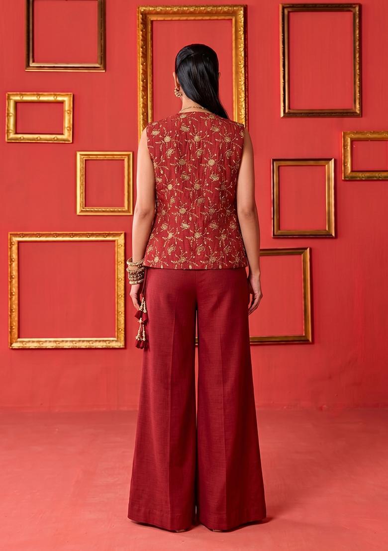 Crimson Embroidered Tissue Fusion Set - Indya