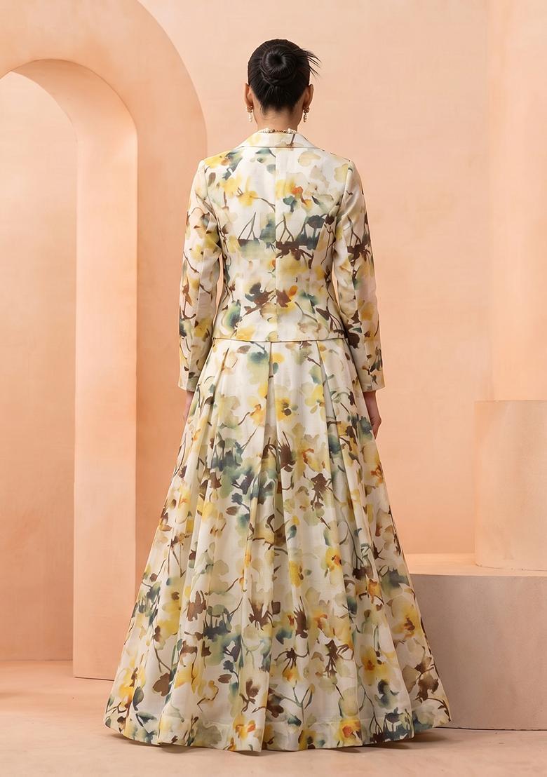Cream Printed Poly Blend Fusion Set - Indya