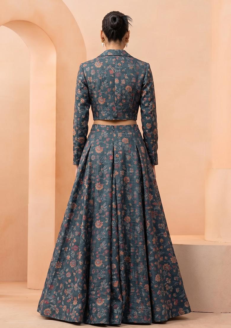 Mud Blue Printed Poly Blend Fusion Set - Indya