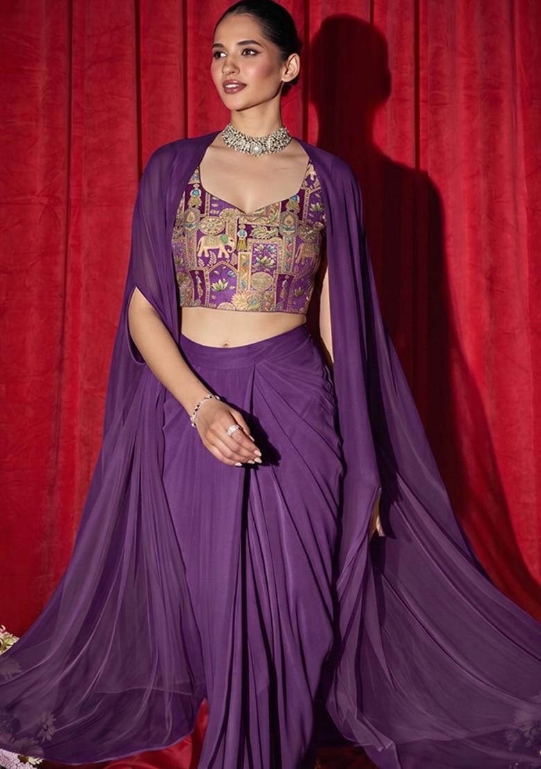 Purple Jacquard Silk Fusion Set - Indya