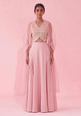 Baby Pink Mirror Work Georgette Fusion Set