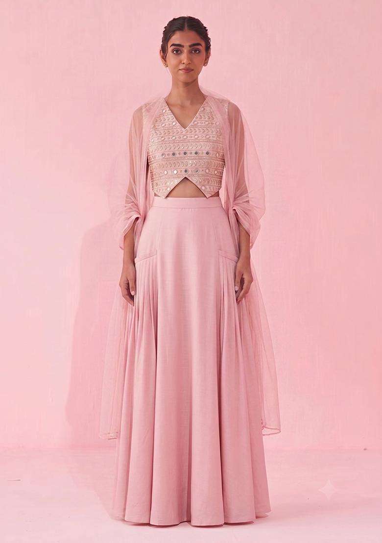 Baby Pink Georgette Fusion Set with Mirror Work for Diwali | Wedding & Festive Wear - Indya