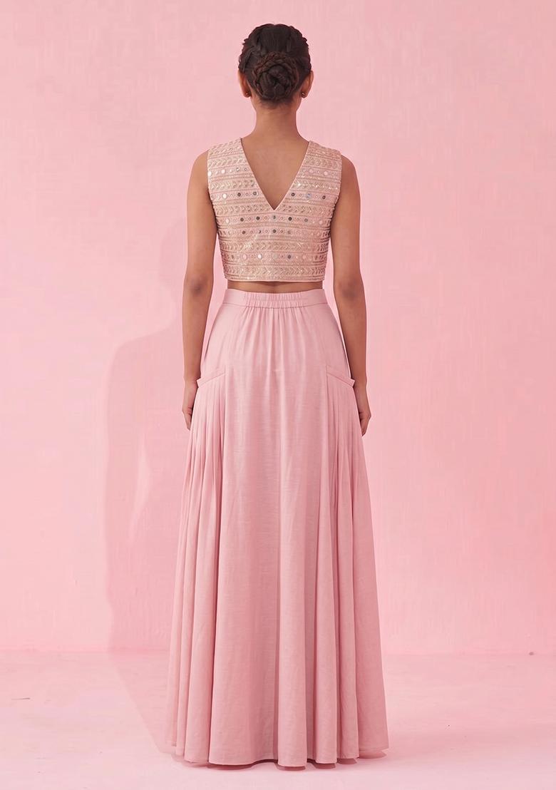 Baby Pink Mirror Work Georgette Fusion Set - Indya
