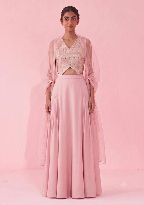 Baby Pink Silk Blend Mirror Work Fusion Set