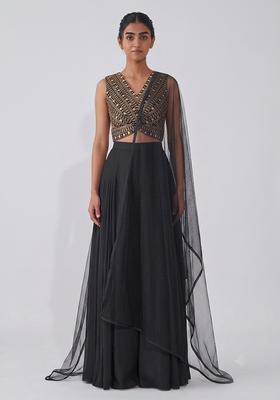 Jet Black Mirror Work Georgette Fusion Set