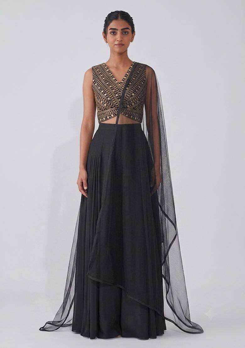 Jet Black Georgette Fusion Set with Mirror Work for Diwali | Wedding & Festive Wear - Indya