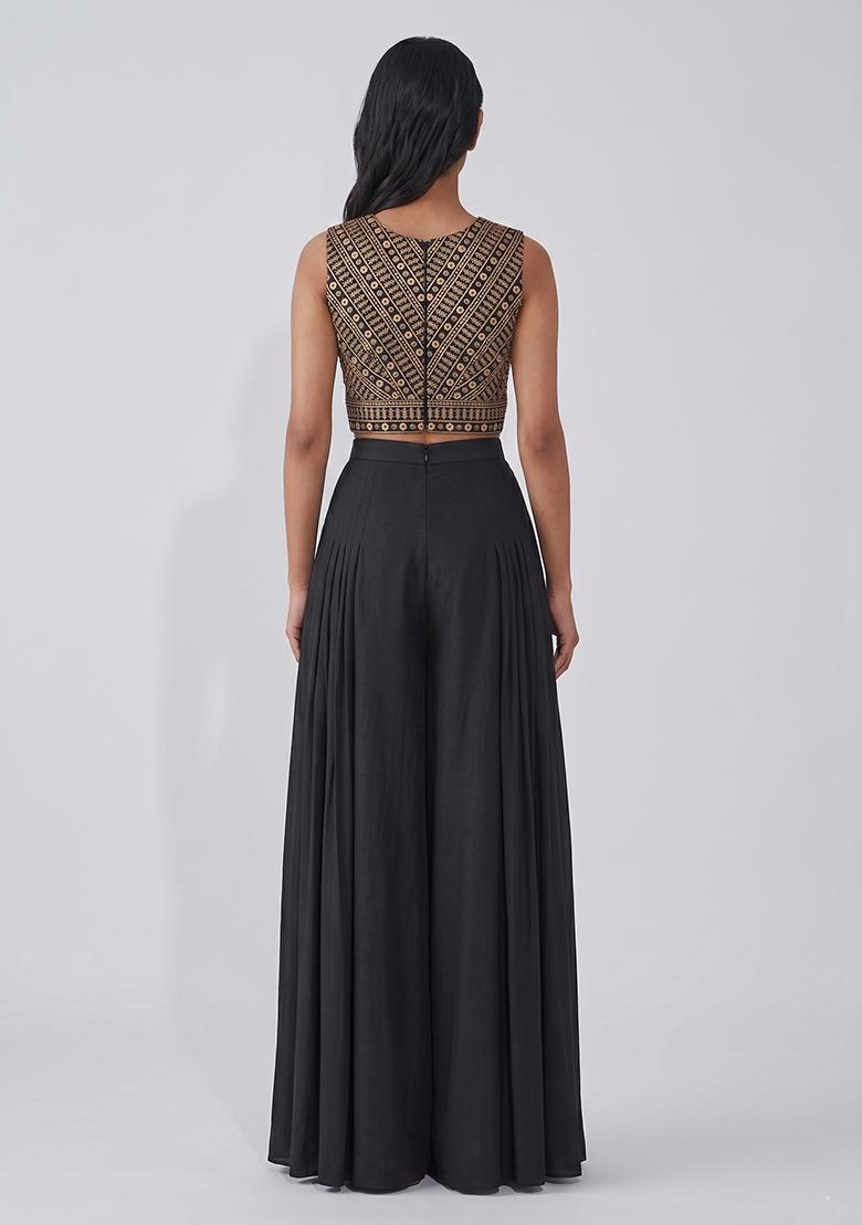 Jet Black Mirror Work Georgette Fusion Set - Indya