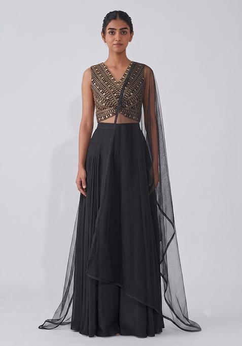 Jet Black Mirror Work Georgette Fusion Set