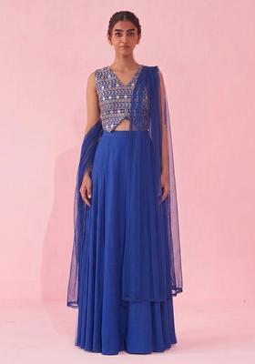Royal Blue Mirror Work Georgette Fusion Set