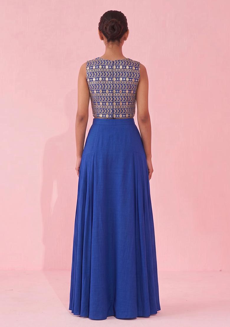 Royal Blue Mirror Work Georgette Fusion Set - Indya