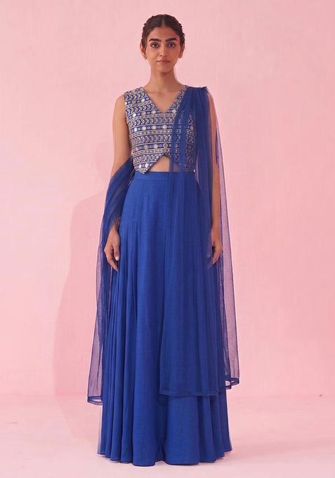 Royal Blue Mirror Work Georgette Fusion Set
