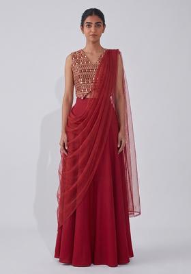 Ruby Red Mirror Work Georgette Fusion Set