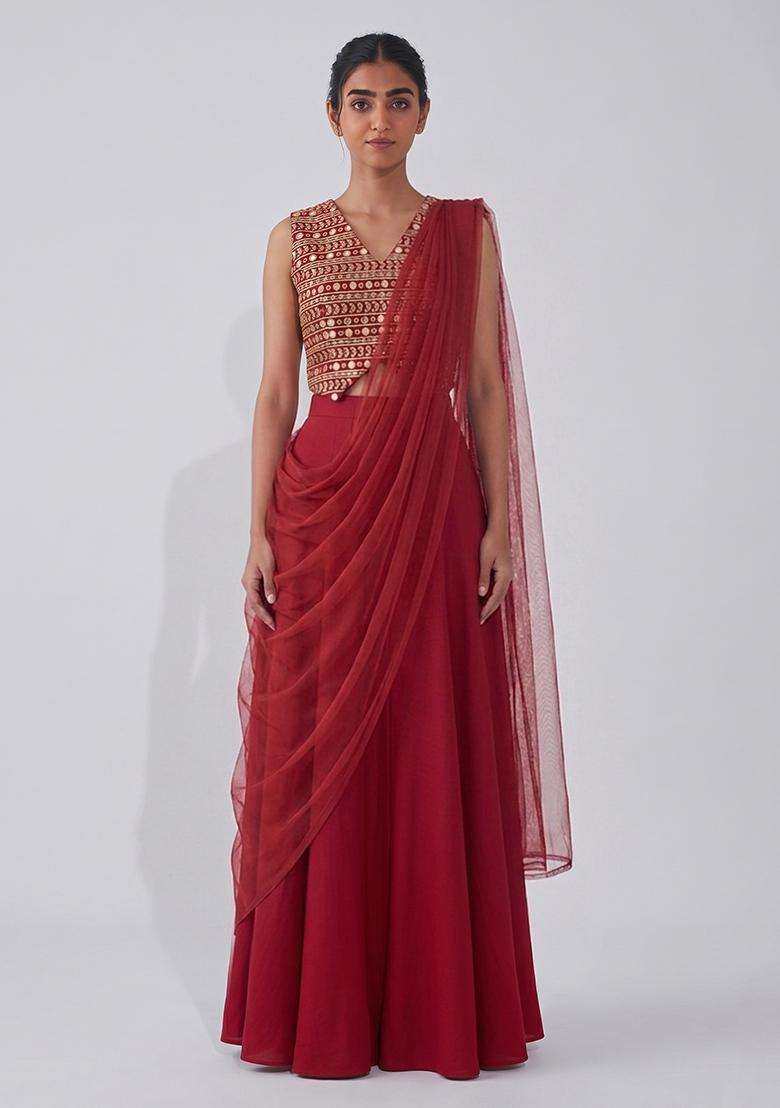 Ruby Red Mirror Work Georgette Fusion Set for Diwali and Festive Wear - Indya