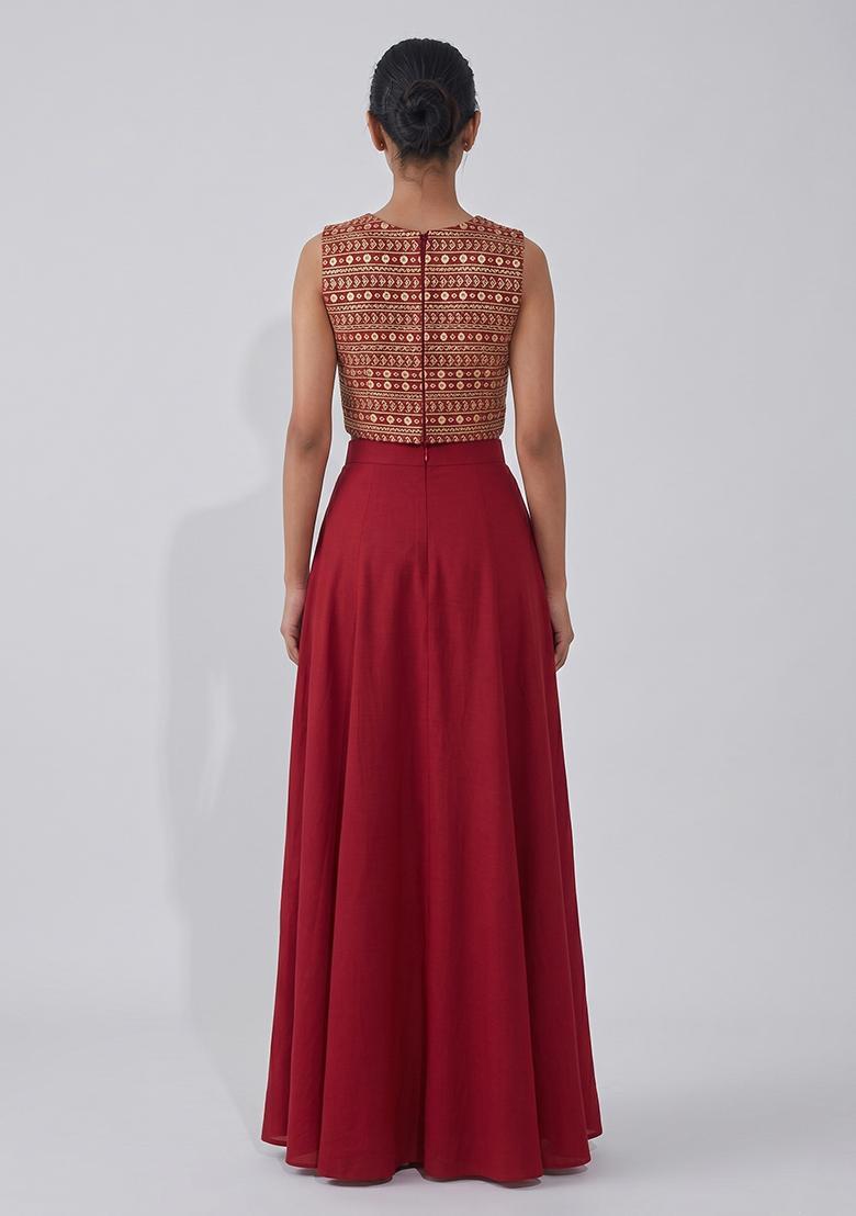 Ruby Red Mirror Work Georgette Fusion Set - Indya