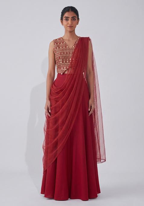 Ruby Red Mirror Work Georgette Fusion Set
